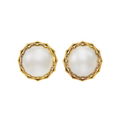Lot 231 - Pair of Gold and Mabé Pearl Earclips, Tiffany & Co.