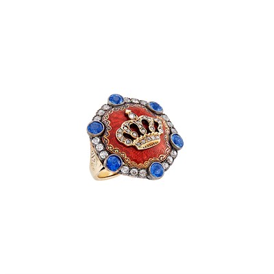 Lot 29 - Antique Gold, Sapphire, Diamond and Guilloché Enamel Crown Ring