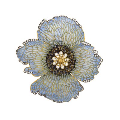 Lot 91 - Gold, Plique-à-Jour Enamel Enamel and Diamond Flower Brooch, Moira