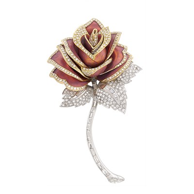 Lot 89 - Gold, Platinum, Enamel and Diamond Rose Clip-Brooch, Moira
