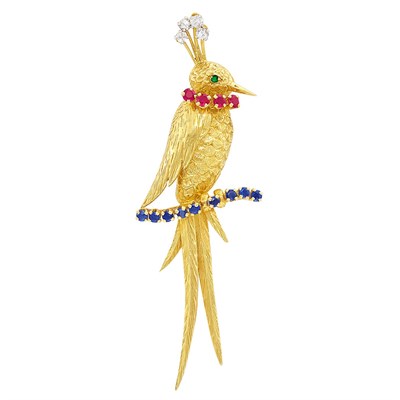Lot 217 - Gold, Gem-Set and Diamond Bird Clip-Brooch, France