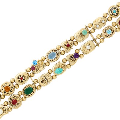 Lot 25 - Two Row Gold and Colored Stone Slide Bracelet