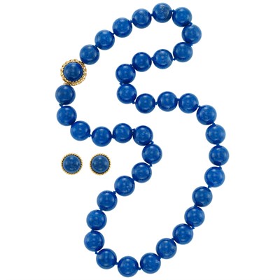 Lot 107 - Gold and Lapis Lazuli Bead Necklace and Pair of Earrings