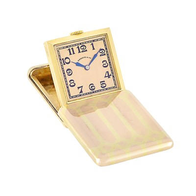 Lot 350 - Two-Color Gold Travel Clock, Shreve & Co.