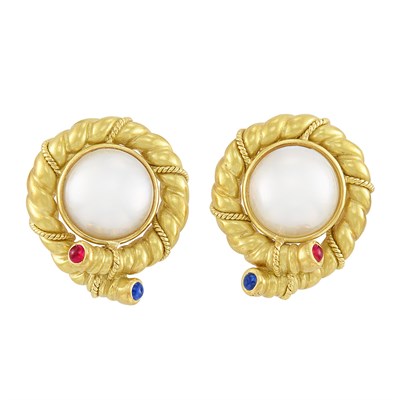 Lot 81 - Pair of Gold, Mabé Pearl, Cabochon Ruby and Sapphire Earclips, Tiffany & Co.