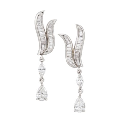 Lot 675 - Pair of Platinum and Diamond Pendant-Earclips