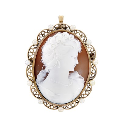 Lot 35 - Gold, Pearl and Shell Cameo Pendant-Brooch