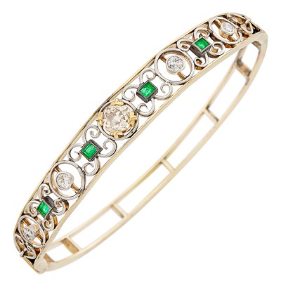 Lot 21 - Antique Gold, Platinum, Diamond and Emerald Bangle Bracelet
