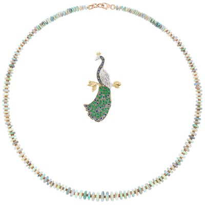 Lot 105 - Tricolor Gold, Opal, Sapphire and Emerald Necklace and Peacock Pendant