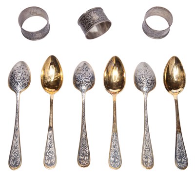 Lot 297 - Set of Six Soviet Silver-Gilt and Niello...