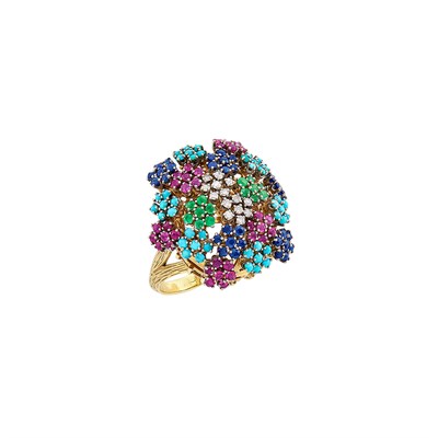 Lot 234 - Two-Color Gold, Turquoise, Emerald, Ruby and Diamond Ring, Rossi