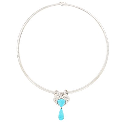 Lot 178 - White Gold, Turquoise and Diamond Pendant Necklace with Chain