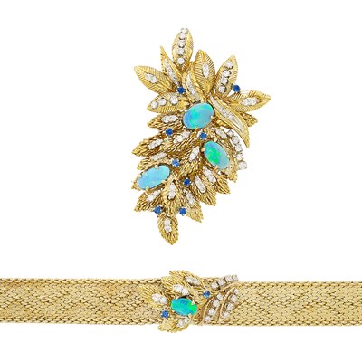 Lot 99 - Two-Color Gold, Opal Doublet, Sapphire and Diamond Bracelet-Watch, Jean Bybé, and Clip-Brooch