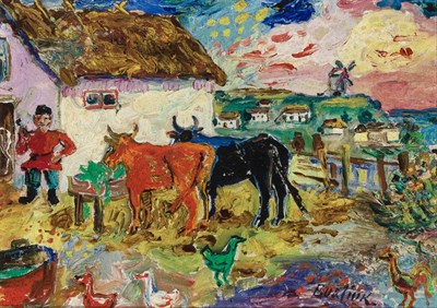 Lot 1153 - David Burliuk Ukrainian, 1882-1967 Farm Scene...