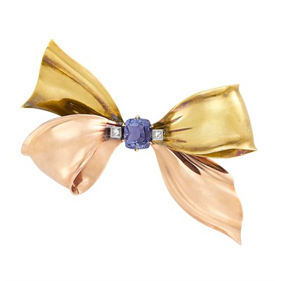 Lot 91 - Two-Color Gold, Sapphire and Diamond Bow Brooch