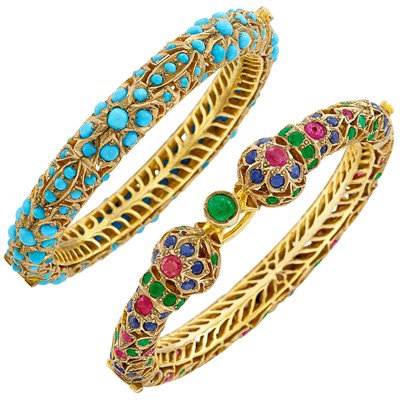 Lot 376 - Indian Gold and Gem-Set Bangle Bracelet and Turquoise Bangle Bracelet
