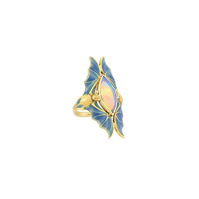 Lot 387 - Art Nouveau Gold, Opal and Enamel Bat Ring
