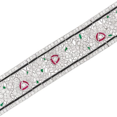 Lot 467 - Art Deco Platinum, Diamond, Ruby, Emerald and Black Onyx Flower Bracelet, Tiffany & Co.