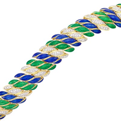 Lot 332 - Wide Gold, Platinum, Enamel and Diamond Bracelet, David Webb