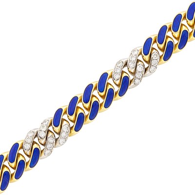 Lot 130 - Two-Color Gold, Diamond and Blue Enamel Curb Link Bracelet, Tiffany & Co.