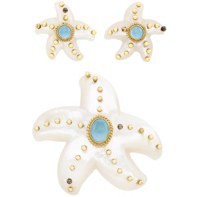 Lot 269 - Gold, Aquamarine and Mother-of-Pearl Starfish Enhancer and Pair of Earclips, Maz