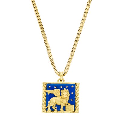Lot 200 - Gold and Enamel 'Lion of Saint Mark' Pendant with Chain