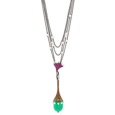 Lot 125 - Blackened Gold, Multicolored Sapphire, Chrysoprase and Cultured Pearl Pendant-Necklace, Puttini, Capri