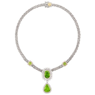 Lot 275 - Platinum, Gold, Peridot and Diamond Pendant with Double Strand Silver Chain Necklace