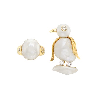 Lot 24 - Gold, Platinum, Freshwater Pearl and Diamond Bird Pin, Ruser, and Freshwater Pearl and Diamond Ring
