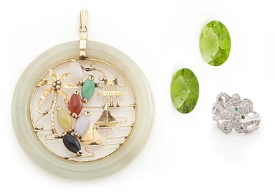 Lot 1407 - White Gold, Diamond and Emerald Octopus Ring, Gold and Multicolored Jade Pendant and Two Unmounted Peridots