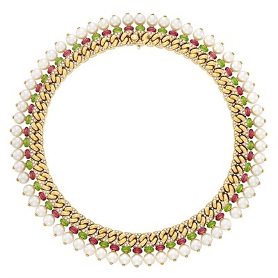 Lot 429 - Gold, Cultured Pearl, Diamond, Peridot and Pink Tourmaline Collar Necklace, Bulgari