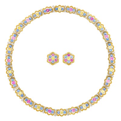 Lot 455 - Two-Color Gold and Multicolored Sapphire Necklace and Pair of Earclips, Buccellati