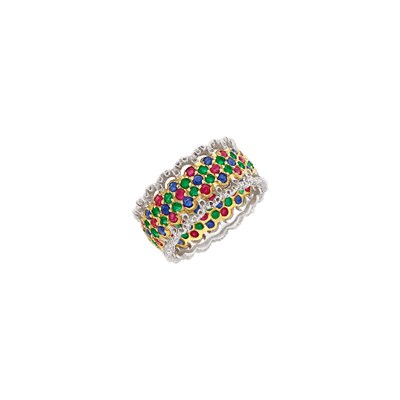 Lot 7 - Two-Color Gold, Ruby, Emerald and Sapphire Band Ring, Buccellati