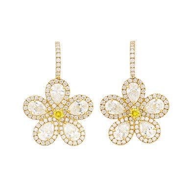 Lot 11 - Pair of Gold, Diamond and Colored Diamond Flower Pendant-Earrings