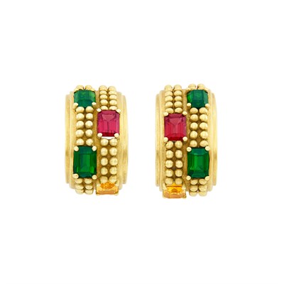 Lot 60 - Pair of Gold, Citrine, Pink and Green Tourmaline Earclips, Barry Kieselstein-Cord