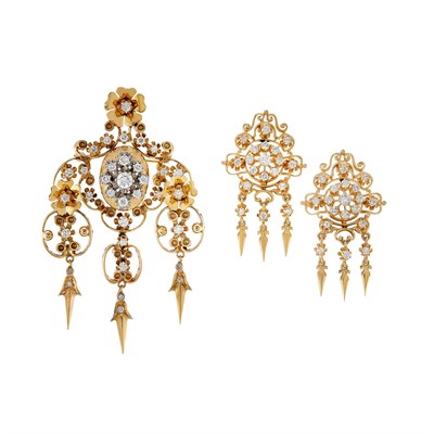 Lot 372 - Pair of Gold and Diamond Pendant-Earrings and Two-Color Gold Fringe Pendant-Brooch