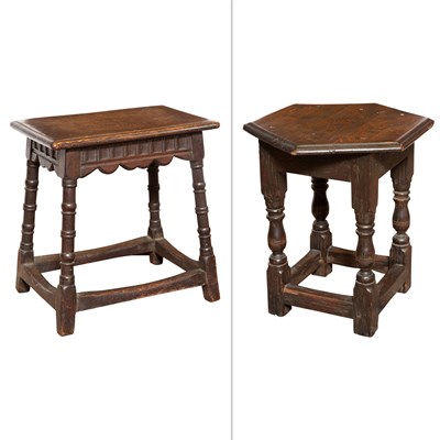 Lot 506 - Two Joined Oak Stools Height of taller 18 1/2...