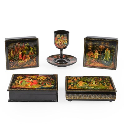 Lot 223 - Group of Four Russian Lacquered Papier-Mâché...