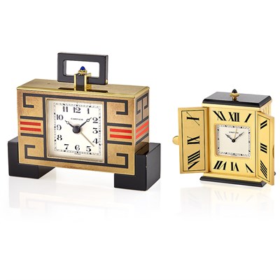 Lot 382 - Enamel Desk Clock, Cartier, France, and Black Lacquer Triptych Desk Clock, Cartier