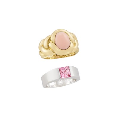 Lot 67 - Gold and Coral Ring, Van Cleef & Arpels, France, and White Gold and Pink Topaz 'Tank' Ring, Cartier