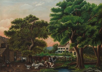 Lot 9 - American School 19th Century Farm Scene Oil on...