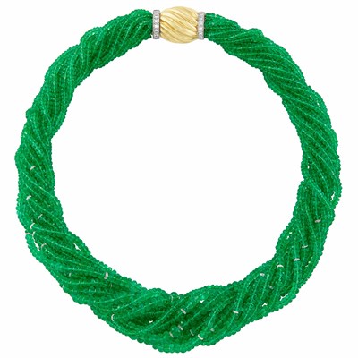 Lot 44 - Multistrand Emerald and Diamond Rondel Torsade Necklace with Two-Color Gold and Diamond Clasp