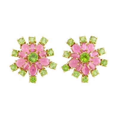 Lot 109 - Pair of Gold, Cabochon Pink Tourmaline and Peridot Earclips