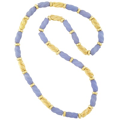 Lot 658 - Long Gold and Fluted Frosted Dyed Blue Chalcedony Bead Necklace, Henry Dunay
