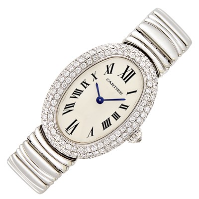 Lot 422 - White Gold and Diamond 'Baignoire' Wristwatch, Cartier