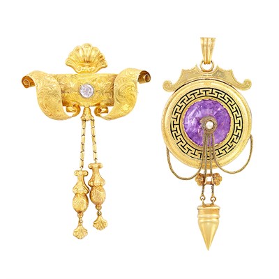 Lot 167 - Two Antique Gold, Amethyst, Pearl and Paste Brooches