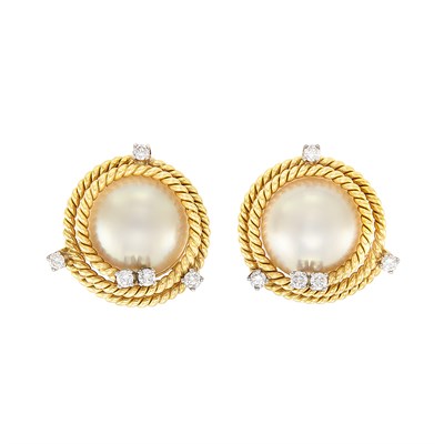 Lot 87 - Pair of Gold, Mabé Pearl and Diamond 'Rope' Earclips, Tiffany & Co., Schlumberger
