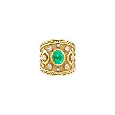 Lot 85 - Wide Gold, Cabochon Emerald and Diamond Ring