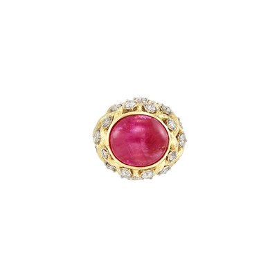 Lot 76 - Hammered Gold, Platinum, Cabochon Ruby and Diamond Ring, David Webb