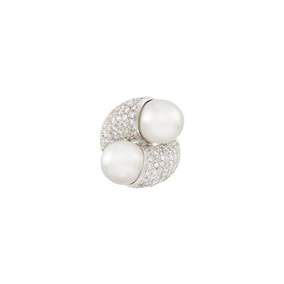 Lot 487 - White Gold, South Sea Cultured Pearl and Diamond Crossover Ring